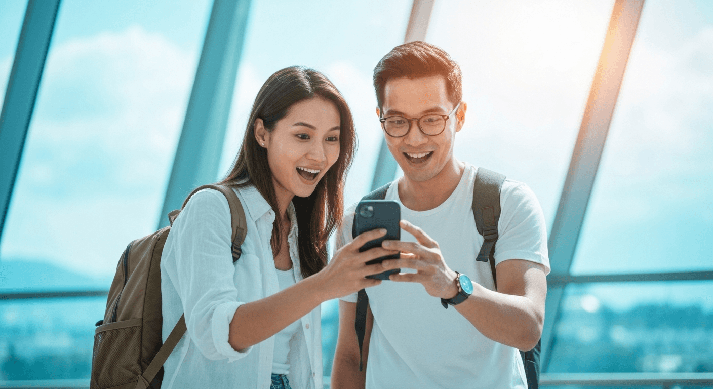 Happy couple traveling and using eSIMlyo on their phone